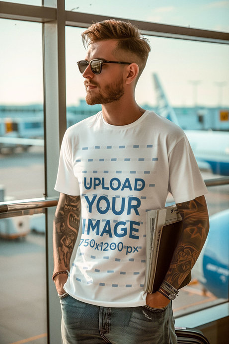 Mockup of a Man with Arm Tattoos Wearing a T-Shirt and Sunglasses at an Airport