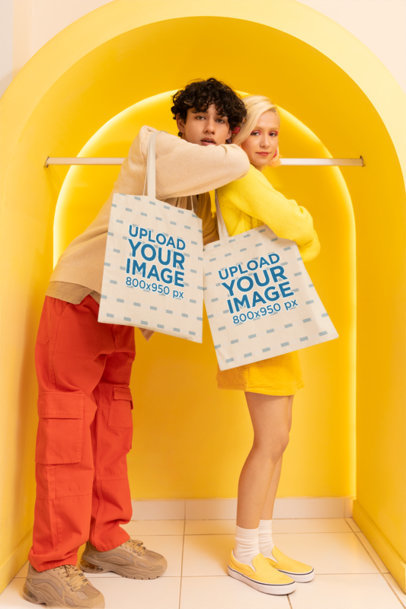 New Pop Wave-Inspired Mockup of a Man and a Woman Carrying Tote Bags