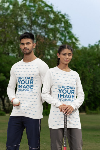 Mockup of Two Cricket Players Wearing Bella Canvas Long Sleeve T-Shirts