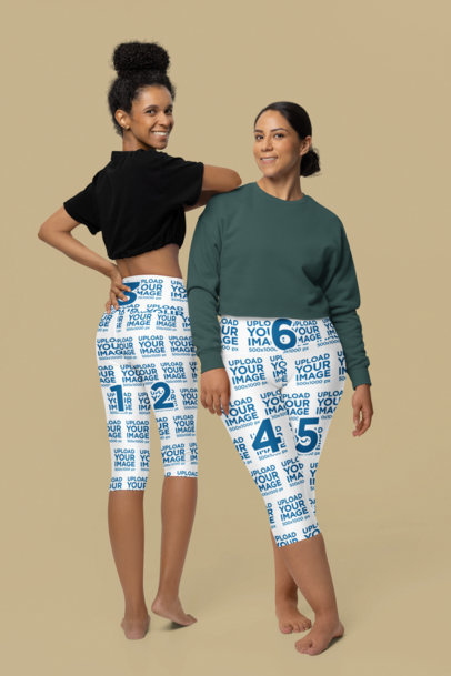 Yoga Capri Leggings Mockup of Two Fitness Women Posing in a Studio