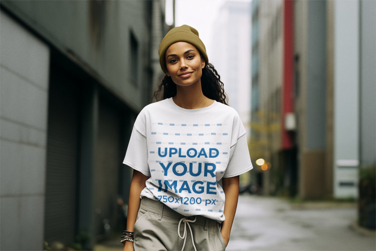 AI-Created Mockup of a Smiling Woman Walking Through a Lonely Street in a T-Shirt
