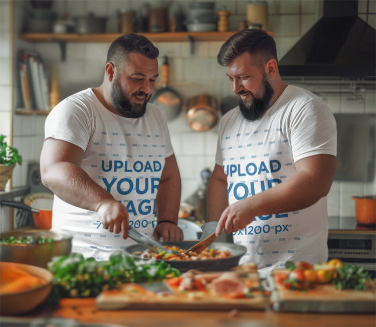 AI-Created Mockup of Two Men Wearing T-Shirts at a Cooking Party Inside a Kitchen