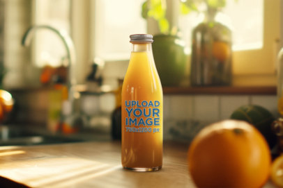 Mockup of an AI-Created Glass Bottle With Orange Juice Placed on a Kitchen Table m40431