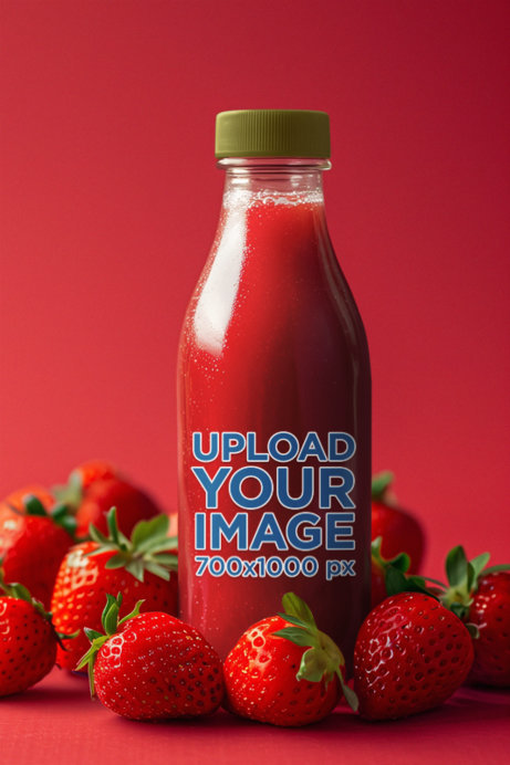 Mockup of an AI-Generated Juice Bottle Glass Filled With a Strawberry Drink