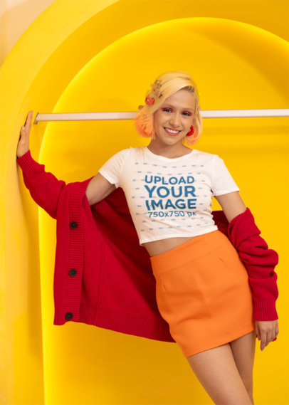 Bella Canvas Crop Top Mockup of a Cheerful Woman With a New Pop Wave Style