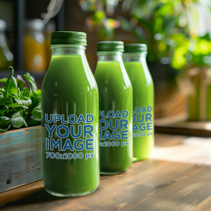 Mockup of Three AI-Created Glass Bottles Filled With Green Juice Standing on a Wooden Table