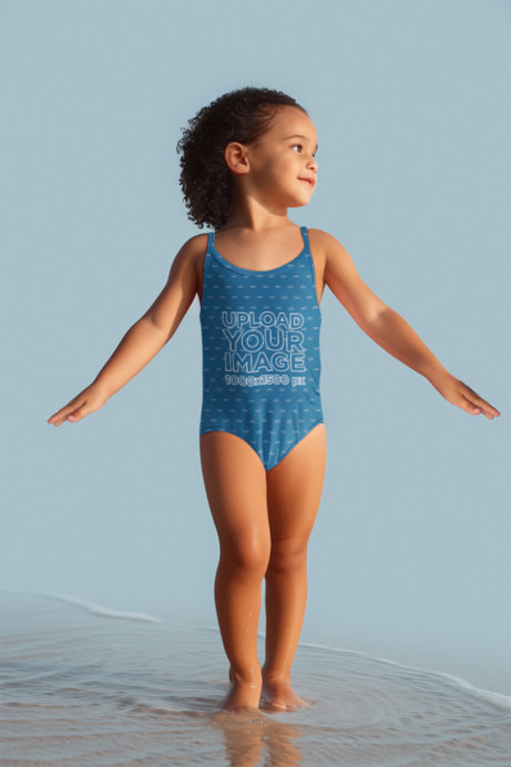 Swimsuit Mockup of an AI-Generated Little Girl Walking by the Seashore