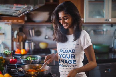 T-Shirt Mockup of an AI-Generated Happy Woman Cooking Something