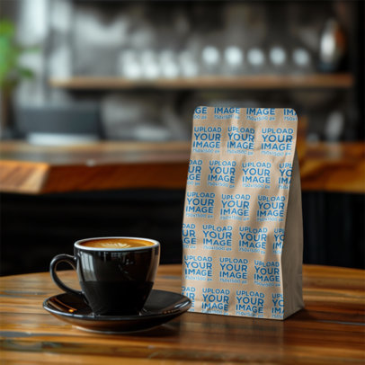 Sublimated Mockup of an AI-Generated Coffee Bag Placed in a Table With a Cup of Coffee m40361