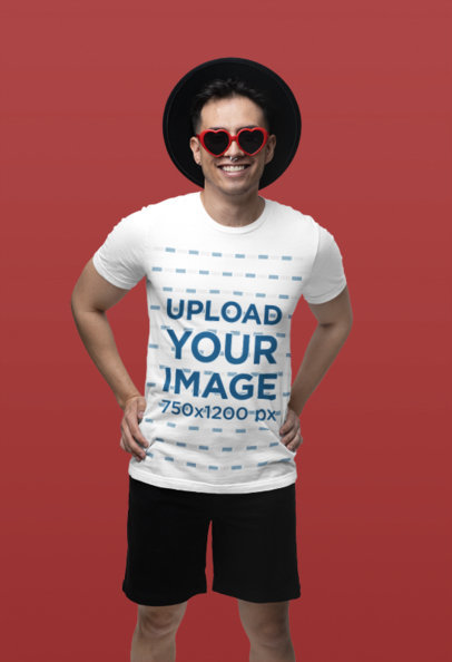 Bella Canvas Tee Mockup of a Happy Man With Heart-Shaped Glasses in a Swift Fandom-Inspired Outfit