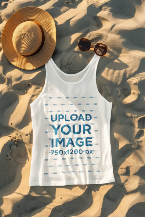 AI-Created Mockup Featuring a Scoop-Neck Tank Top Placed on the Sand
