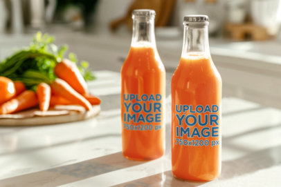 Print-Themed Mockup Featuring AI-Generated Glass Bottles With Carrot Juice m40439