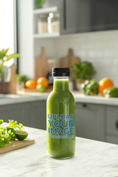 Mockup of an AI-Created Green Juice Glass Bottle Place on a Marble Table m40442