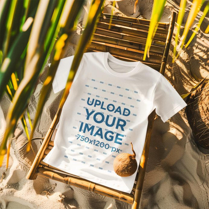 Mockup of an AI-Generated Round-Neck-T-Shirt Lying on the Beach