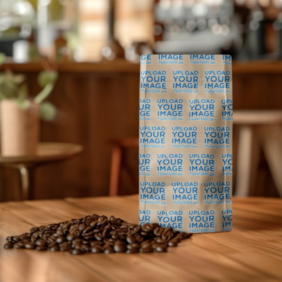 Print Mockup Featuring an AI-Created Coffee Bag Placed on a Table With Coffee Beans m40366