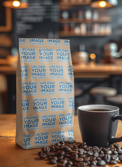 Mockup of an AI-Generated Coffee Bag Placed Next to a Cup and Coffee Beans m40368