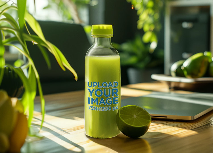 AI-Generated Mockup Featuring a Glass Bottle Filled With Green Lemon Juice