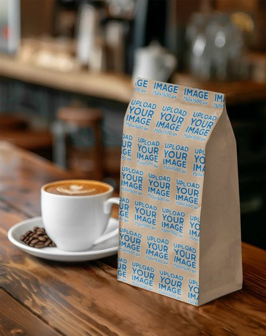 AI-Generated Mockup of a Coffee Bag Placed on a Coffee Shop Table