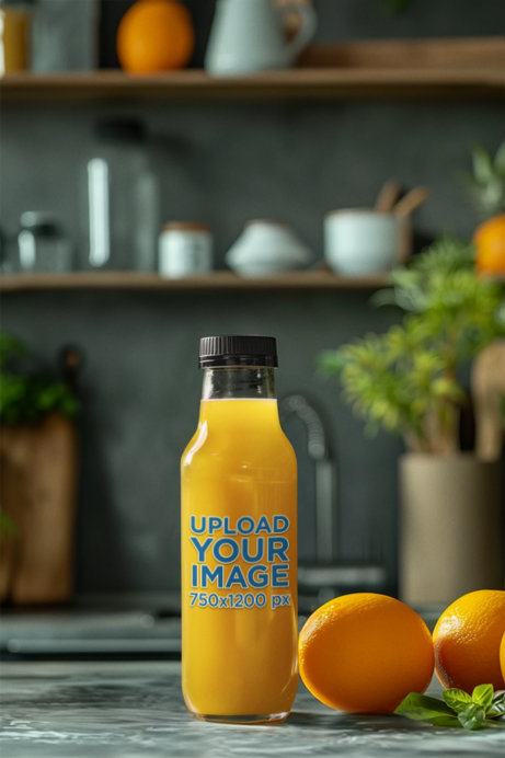 Glass Bottle Mockup Featuring AI-Generated Orange Juice