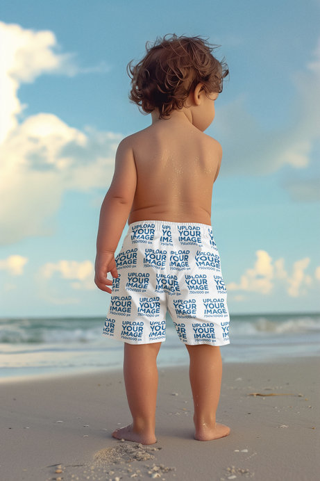 Sublimated Shorts Mockup Featuring an AI-Created Little Boy Standing Near the Sea