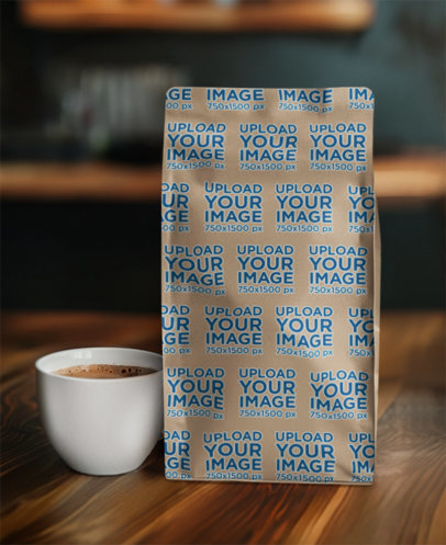 Print Mockup of an AI-Generated Coffee Bag Placed Next to a Cup of Coffee on a Wooden Table m40364