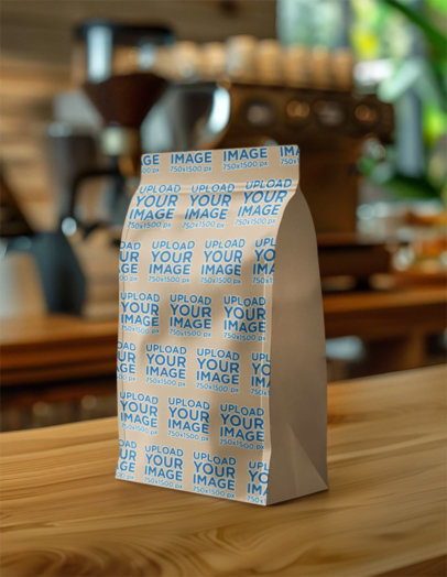 Mockup of an AI-Generated Coffee Bag Placed on a Cafeteria Wooden Table m40409