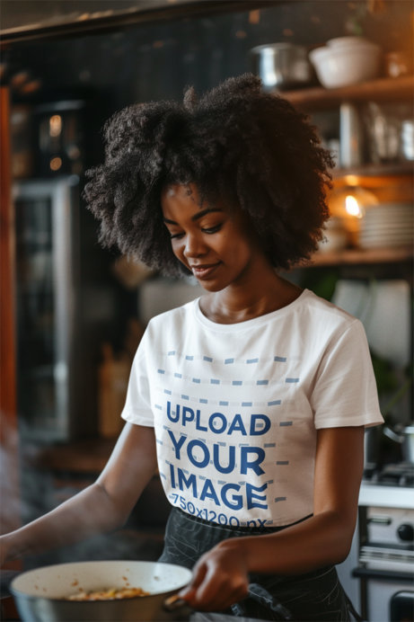 Cooking Party Mockup of an AI-Generated Woman Wearing a T-Shirt