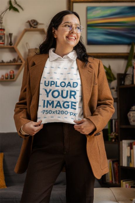 Gildan Sweatshirt Mockup of a Smiling Woman with Glasses in a Grandpacore-Inspired Look
