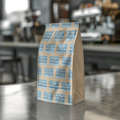 Sublimated Mockup Featuring an AI-Created Coffee Bag Placed in a Coffee Shop Table m40411