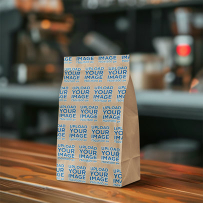 Mockup of an AI-Generated Coffee Bag Placed on a Wooden Surface in a Coffee Shop m40407