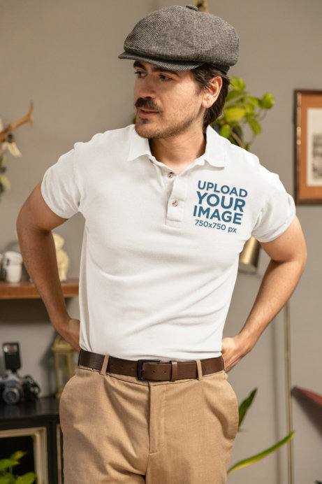 Polo Shirt Mockup Featuring a Man with a Mustache in a Grandpacore-Style Look