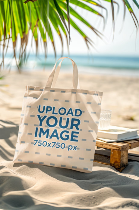 Mockup of an AI-Generated Tote Bag Placed on the Sand