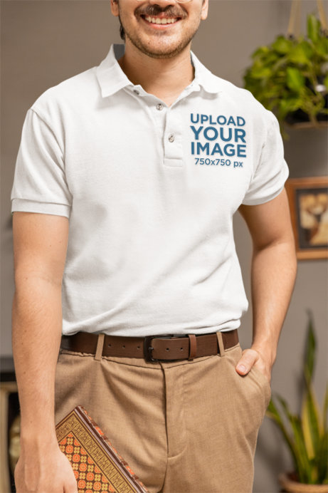 Mockup of a Man with a Mustache Wearing a Gildan Polo Shirt for a Grandpacore Outfit