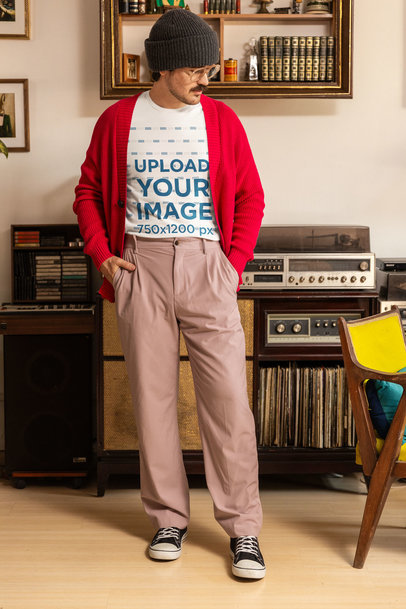 Grandpacore-Inspired Mockup of a Man Wearing a Bella Canvas T-Shirt at Home