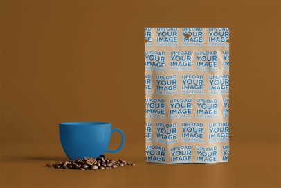 Mockup of an AI-Generated Coffee Bag Placed on a Surface With Coffee Beans and a Cup m40384