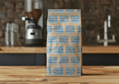 Print Mockup of an AI-Created Coffee Bag Standing Next  to a Cup With Coffee Beans m40371