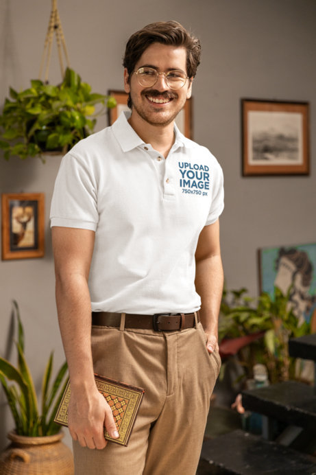 Grandpacore-Style Mockup of a Smiling Man with a Mustache Wearing a Polo Shirt