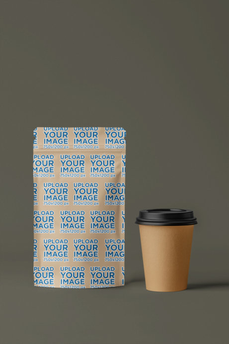 Print Mockup of an AI-Generated Coffee Bag With a Cup