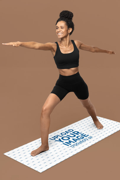 Yoga Mat Mockup Featuring a Woman Stretching Her Body in a Studio