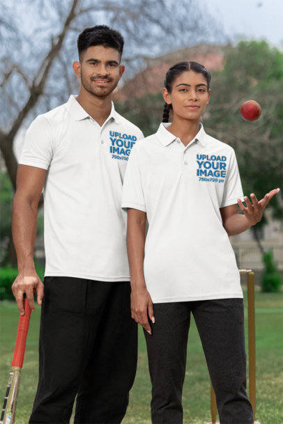 Polo Shirt Mockup of a Man and a Woman Wearing Their Cricket Team's Uniform m39967
