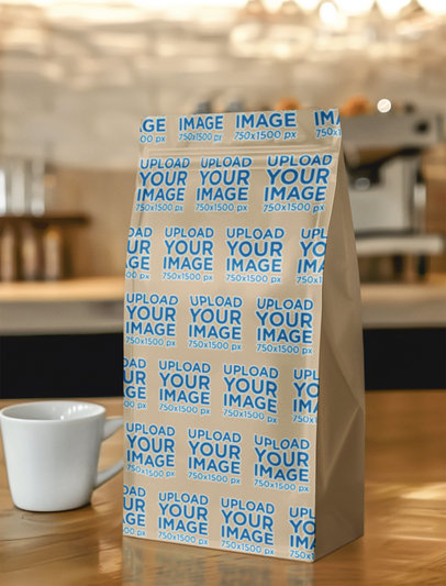 Mockup of an AI-Generated Coffee Bag Placed on a Cafeteria Table m40367
