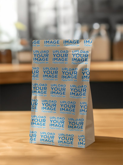 Mockup of an AI-Generated Coffee Bag Placed on a Wooden Table