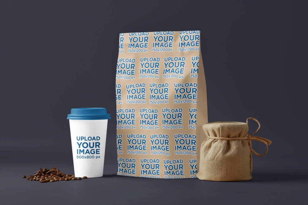 Mockup of an AI-Generated Coffee Bag and a Coffee Cup Placed on a Colorful Background