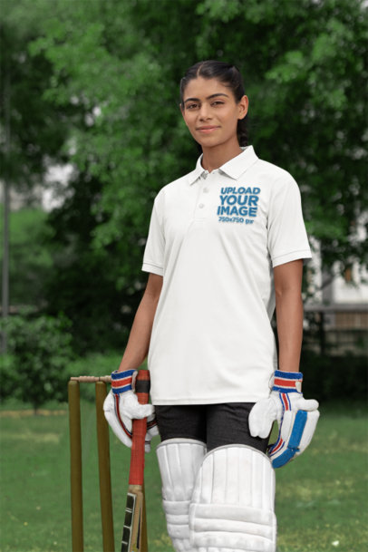 Polo Shirt Mockup of a Smiling Woman Wearing Cricket Equipment m39963