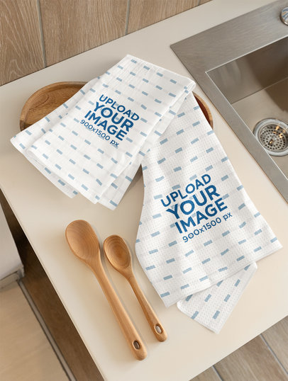Cotton Tea Towel and Microfiber Tea Towel Mockup Featuring a Kitchen Sink m40744
