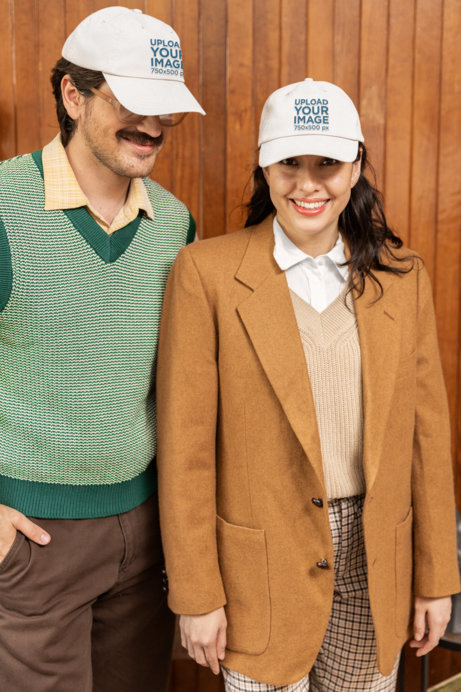 Grandpacore-Inspired Mockup Featuring a Happy Man and Woman Wearing Dad Hats