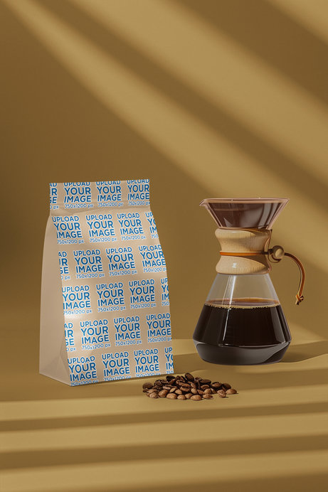 Mockup of an AI-Created Coffee Bag Featuring a Kettle Filled With Coffee