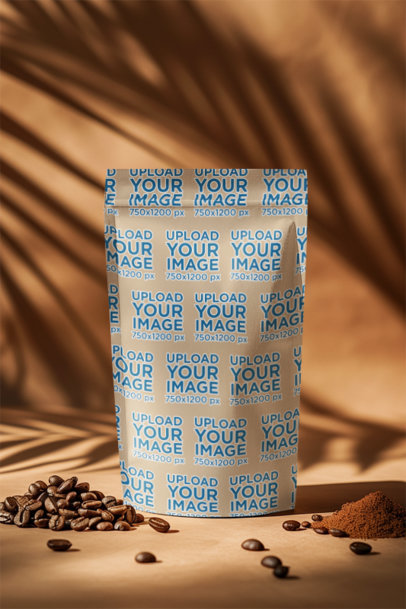 Packaging Mockup Featuring an AI-Created Coffee Bag Surrounded by Coffee Seeds m40379