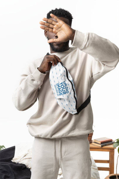 Fanny Pack Mockup of a Bearded Man Covering His Face With His Hand