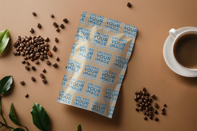 Coffee Bag Mockup Featuring an AI-Created Cup of Coffee With Coffee Beans m40382
